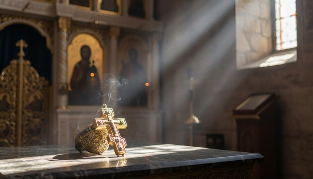 Traditional Orthodox church altar with rays of divine light shining on a golden cross and miter during the sacred feast of Dormition of the Mother of God concept