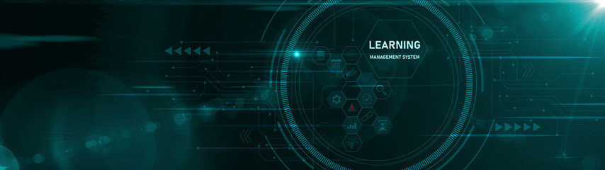 Obraz premium A glowing neon learning management system concept surrounded by smaller icons for ai and manufacturing process management, Motion graphics of learning concept