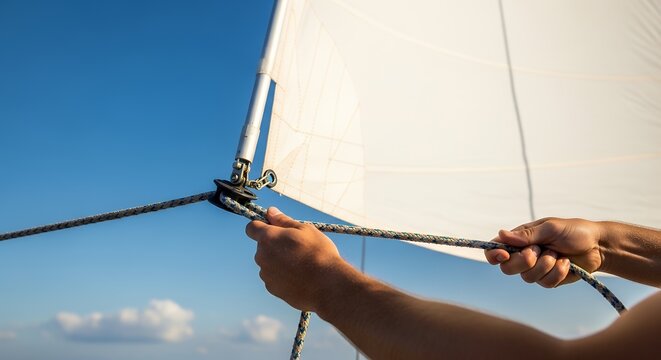 Sailing action shot of hands pulling rope to raise white sail