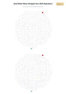Maze puzzle page with goal getter theme for navigating aspirations in black and white layout with medium difficulty on white background.