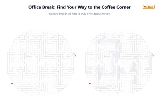 Maze puzzle page featuring an organic design with winding paths and a central coffee corner on a white background.