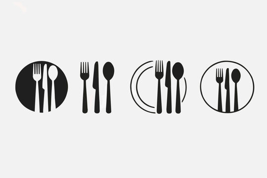  "Black Restaurant Cutlery Fork Spoon Knife with Plate Circle Icon Set on White Background