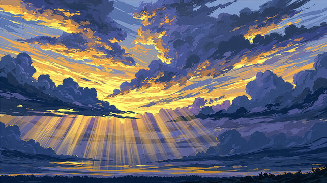 劇的な雲を通る薄金色の光線が描かれた夕焼け空
