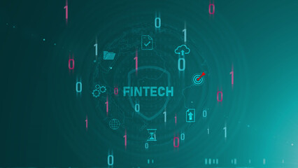 Fototapeta premium Fintech Concepts and Infographics in Dark Environment. Asymptotic smart data analytic on world map background. Motion graphics of business concept