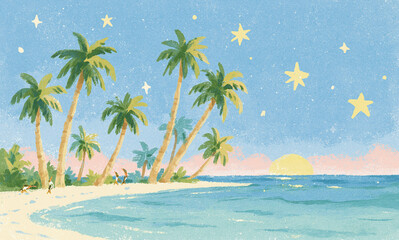 Obraz premium watercolor illustration of tropical resort, A beautiful tropical seaside with sandy beach and tall palm trees gently swaying in the breeze