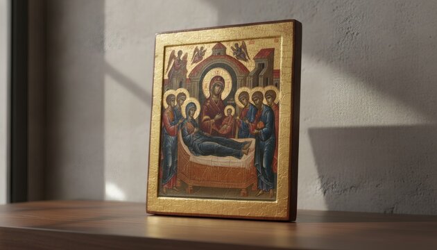Orthodox Christian religious icon showing a depiction of dormition with halos on a wooden table in soft sunlight, perfect for spiritual faith and divinity concept
