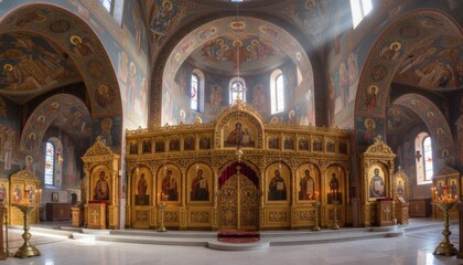 Obraz premium Interior of the historic Dormition church with a golden iconostasis and sacred orthodox frescoes for a religious faith concept