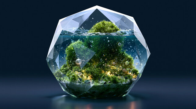 Crystal biosphere filled with ocean algae and microbe particles showcasing biosphere biotech marine bioinnovation and climate research