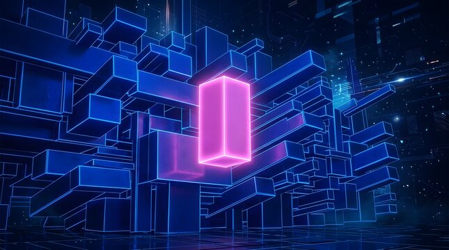 Glowing pink rectangular prism floating amidst a complex grid of dark blue metallic cubes and geometric structures