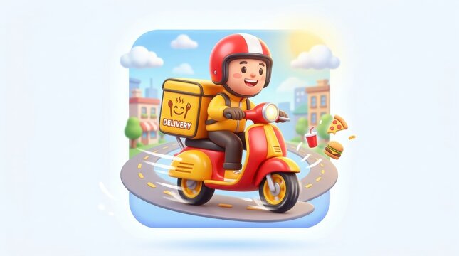 3d cartoon delivery rider on scooter