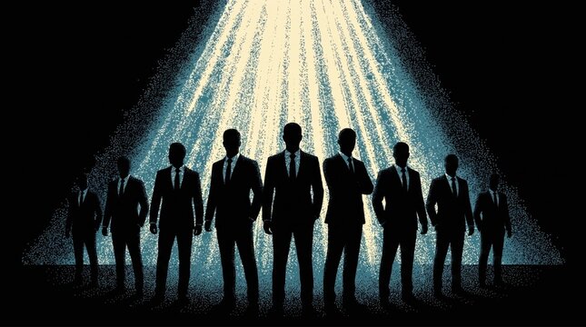 Silhouettes of eight men in suits stand confidently under a dramatic spotlight, symbolizing leadership, unity, and professionalism.