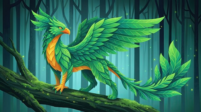 A vibrant, mythical bird made of lush green leaves perches on a branch in a mystical forest.