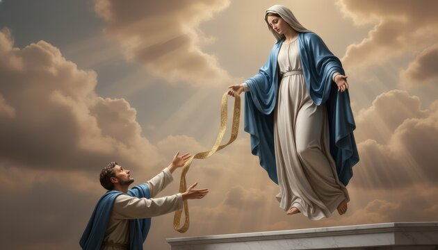Artistic representation of the Assumption of Mary giving her holy girdle to Saint Thomas from heaven, symbolizing faith and divine grace for Assumption of Mary concept