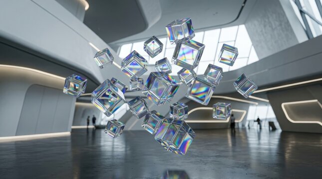 Holographic translucent glass cubes floating in a modern hall