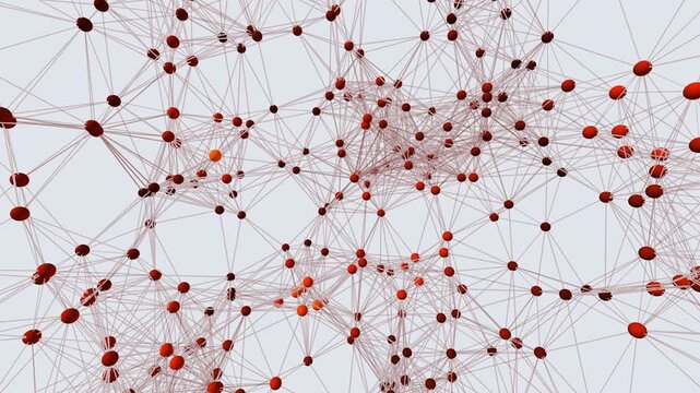 Seamless looping background featuring 700 emissive fire spheres on an orbital shell, tumbling through dual-axis rotation. Strobing orange-red pulse connections travel outward against a pale grey backg