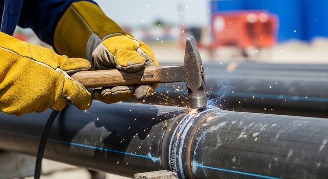 Welder chips slag off pipe joint with hammer on construction site