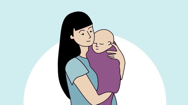 Gentle Mother Cradling and Comforting Newborn Baby Close Up Postpartum Care and Motherhood 2D Animation