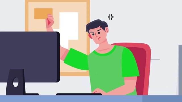 Focused Male IT Engineer Programming Code on Computer at Bright Minimalist Workspace 2D Animation