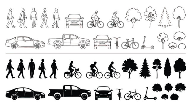 Architectural scale figures and urban transport silhouettes, black and white outline vector set of people, cars, bicycles and trees for site plans