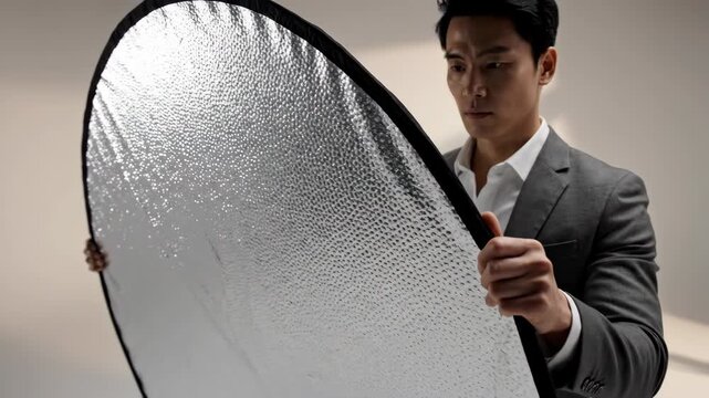 Professional photographer in a suit holding a silver round light reflector in a studio setting, demonstrating equipment for portrait lighting setup.
