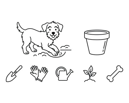 Cute Dog Character Gardening with Tools and Plants in the Backyard Illustration