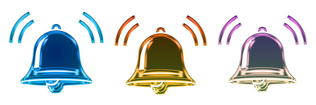 Three ringing notification bells isolated on transparent background