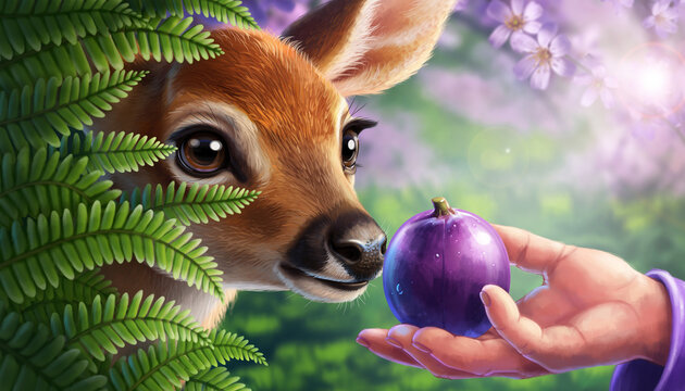 Whimsical magical dwarf gnome in enchanted spring forest offering a glowing purple grape to a curious young deer amidst lush green ferns and soft s...
