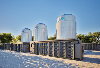 Obraz premium Smr or small modular nuclear reactors with energy storage system or battery container units