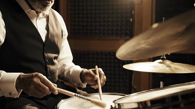 Senior male drummer playing jazz snare drum with wire brushes in a dimly lit studio environment.