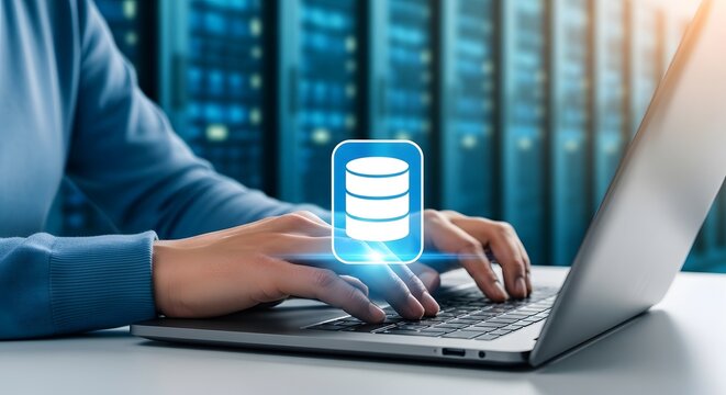 Database management concept person typing on laptop with database icon overlay in server room