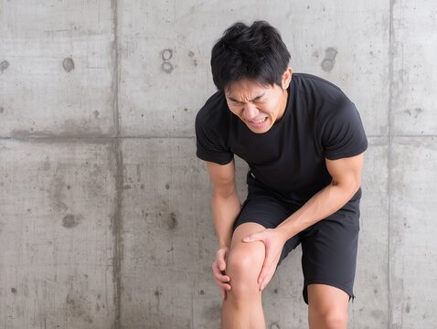 運動中に膝の激痛に襲われて顔をしかめながら患部を押さえて苦しむスポーツウェアの男性