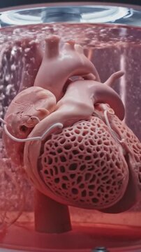 Bioprinted heart in perfusion chamber, porous ventricular scaffold suspended in oxygenated saline with steady bubbling, pulsatile pump delivering physiological flow, tubing and monitoring sensors