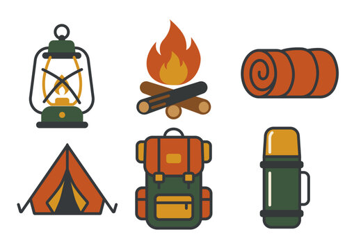Camping and Outdoor Adventure Icon Set with Lantern, Campfire, Tent, Backpack, Thermos and Sleeping Bag Vector Collection