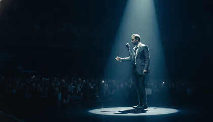 Fototapeta premium Male performer in a suit speaking into a microphone under a stage spotlight