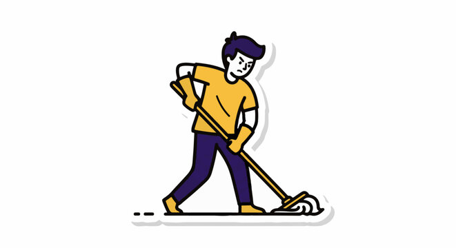 Illustration of person mopping floor with cheerful expression.