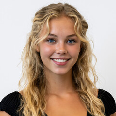 Fototapeta premium smiling young blonde woman portrait on white background, friendly studio headshot of 19 year old blonde female model, realistic beauty portrait of cheerful young woman in studio lighting