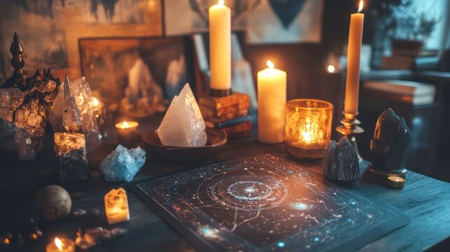 A wooden table lit by candles and surrounded by crystals and a map of the night sky.