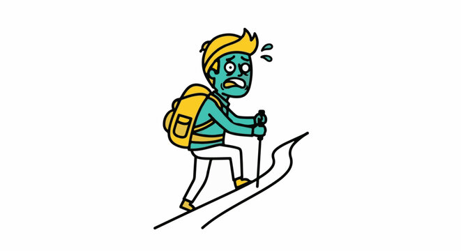 Cartoon character hiking uphill with heavy backpack and sweat.