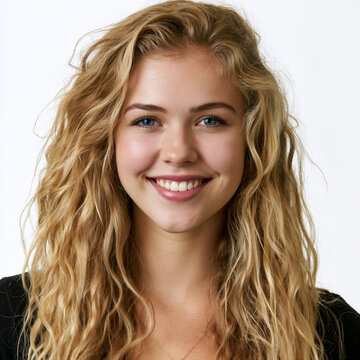 smiling young blonde woman portrait on white background, friendly studio headshot of 19 year old blonde female model, realistic beauty portrait of cheerful young woman in studio lighting