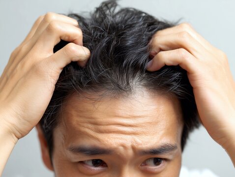 自分の髪の毛や頭皮の状態を鏡で確認しながら薄毛や抜け毛の悩みに暮れる若い男性