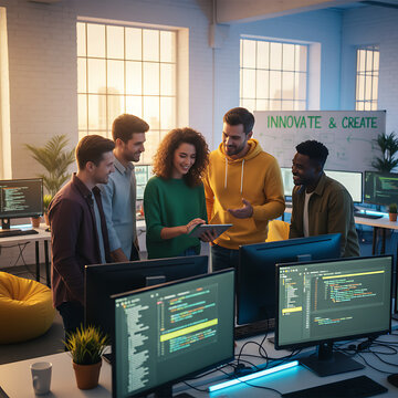 Diverse team of software developers collaborating in a modern tech office
