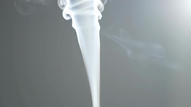An elegant, ultra-fine pure white smoke plume with varying densities slowly ascends against a luminous white background, soft studio lighting. Concept of serenity and potential