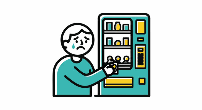 Sad man selecting snack from colorful vending machine.