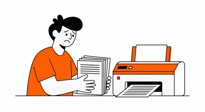 Frustrated person dealing with paper jam in printer.
