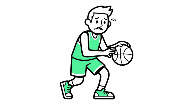 Cartoon boy dribbling basketball in green uniform.