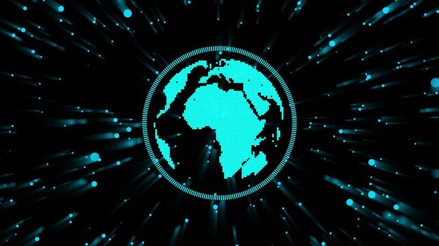 Cyan digital globe with radiating light streaks background. Global connection symbol for international data network. Digital globe animation for world map.