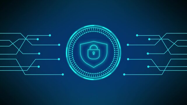 Digital shield with padlock and circuit board pattern. Cybersecurity hardware symbol for computer data protection. Digital shield animation for firewall.