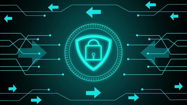 Cyan shield with padlock and digital network arrows. Cybersecurity system symbol for information privacy encryption. Digital shield animation for safety.