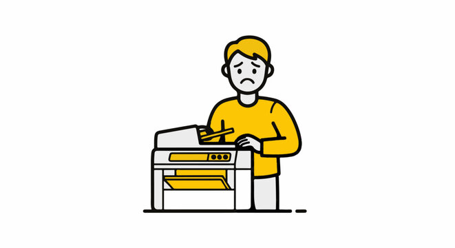 Illustration of person operating office printer machine.