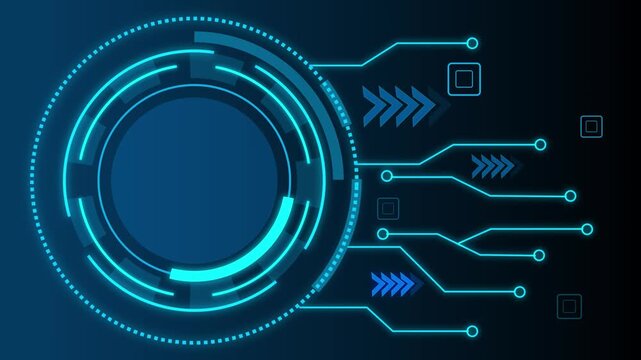 Futuristic circular interface with data streams on black. Technology display symbol for computer server metrics. Digital interface animation for tech UI.